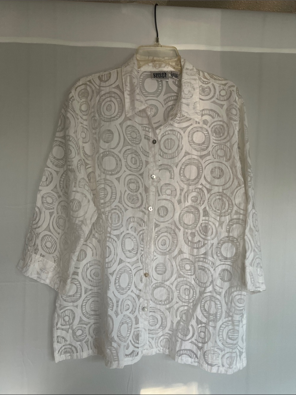 Chico's White Circular-Pattern Linen Button-Up Blouse